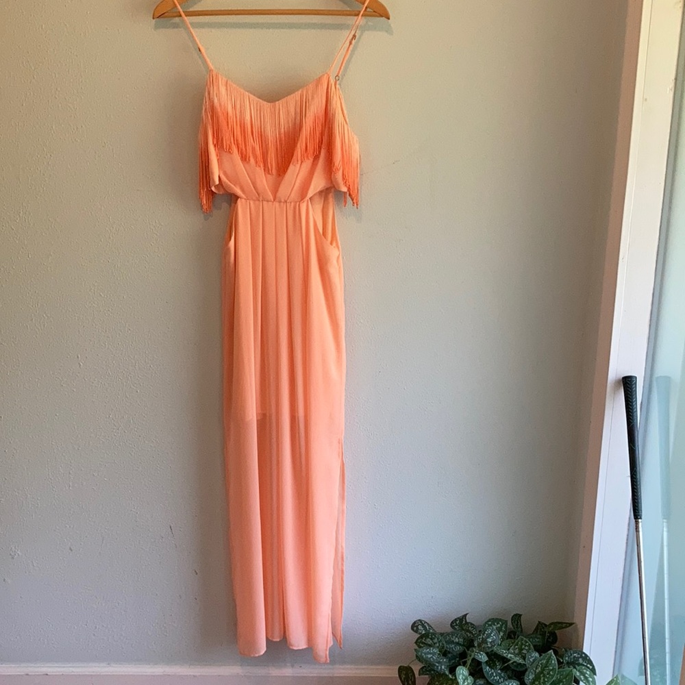 BCBGeneration maxi dress w/ fringe, side cutouts.